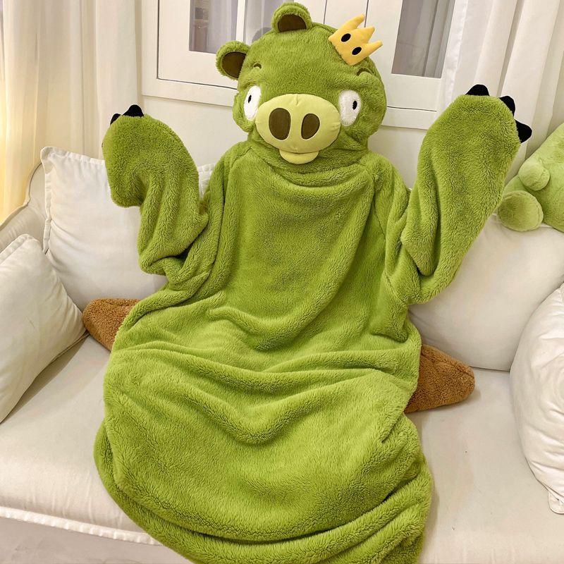 Funny sand sculpture pajamas green pig can be worn outside lovers winter coral fleece warm home clothes hooded nightgown