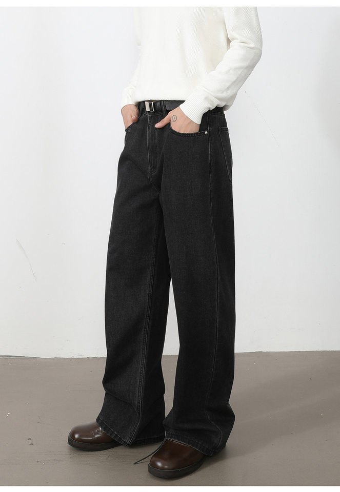 Quần jean nam ống rộng dáng suông thoải mái kiểu Mỹ, vải denim xử lý giặt mài, lưng trung, dài quần — Xanh da trờicolor, Xám đen, màu xám nhạt chi tiết 24