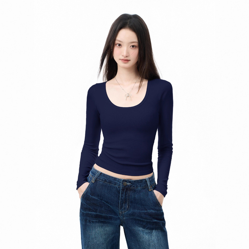 Square Collar Long Sleeve Top Women's Autumn Inner Wear Bottoming Shirt Slim Fit Right Shoulder Large Neckline T-Shirt