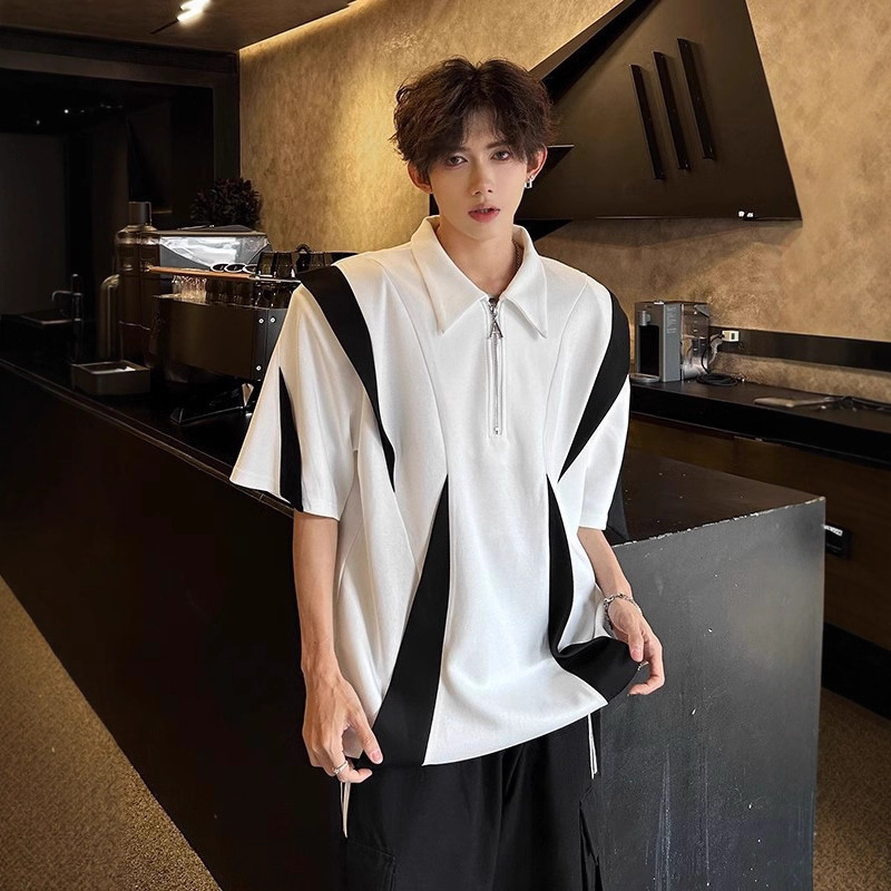 Summer Niche Black and White Contrasting Color Splicing Deconstructed Short-Sleeved Men's T-Shirt Half-Zip Design Shoulder Pad Top Polo Shirt
