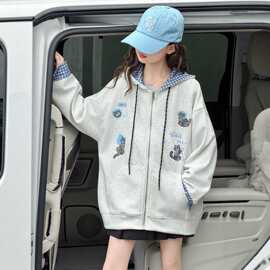 连帽卡通印花女童外套春秋新款宽松韩版中大童拉链开衫卫衣外套