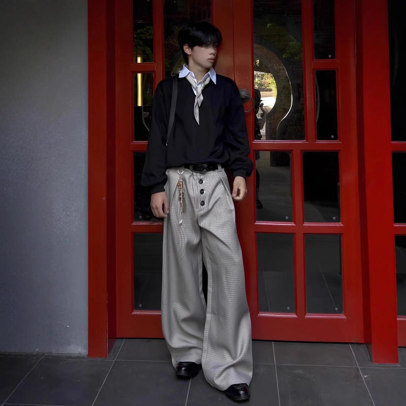 Houndstooth Pleated Buttoned A-Line Wide-Leg Dress Pants for Men, Suitable for Light Workplace Commuting, Old Money Style Cleanfit Trousers