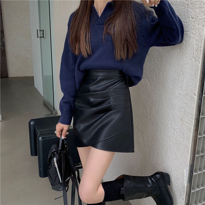 设计感褶皱包臀皮裙半身裙女秋冬季新款微胖穿搭大码高腰a字短裙|undefined