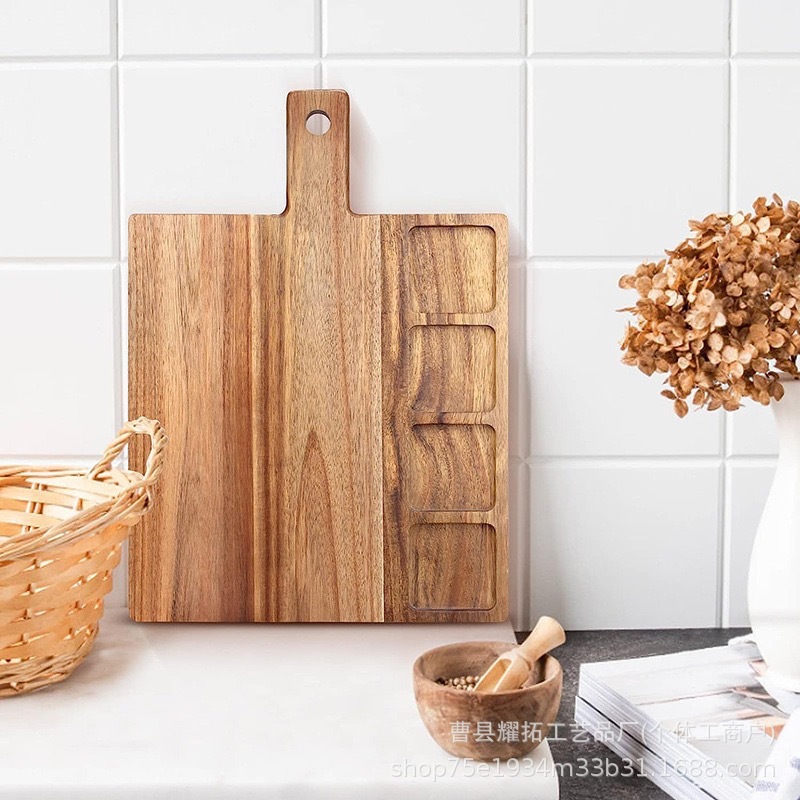 家用木制水果零食装饰托盘厨房相思木熟食托盘带手柄实木分格托盘