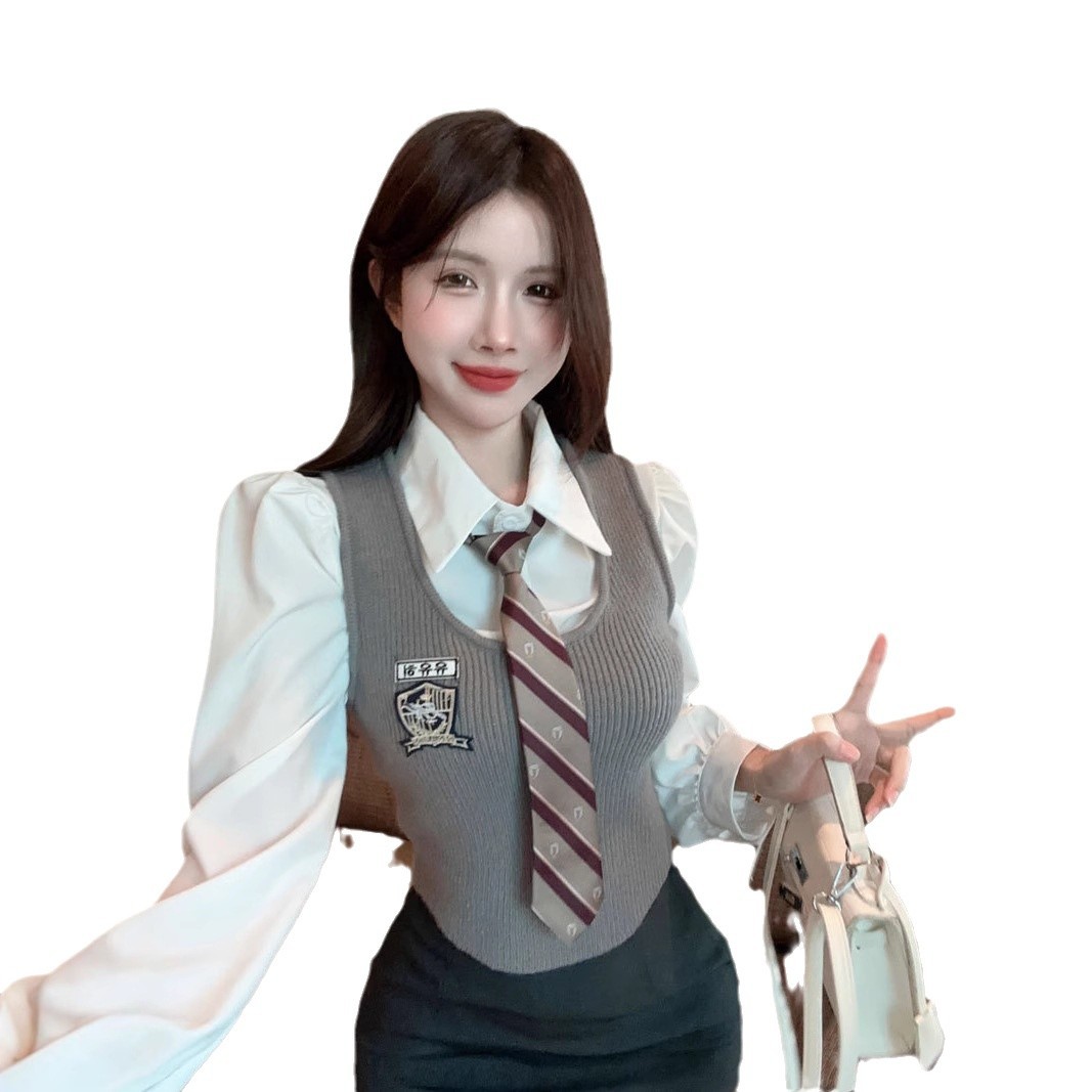 작은 패션 서양식 달콤한 핫 칼리지 스타일 세트 한국 스타일 착용 JK 유니폼 조끼 3 피스 세트 가을과 겨울