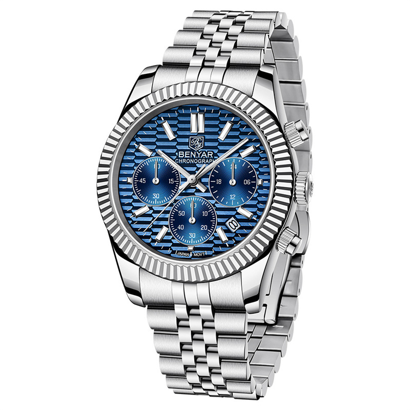 Binya benyar reloj de cuarzo de acero fino multifuncional para hombre de seis Pines de acero fino de moda luminoso impermeable calendario reloj de hombre S001
