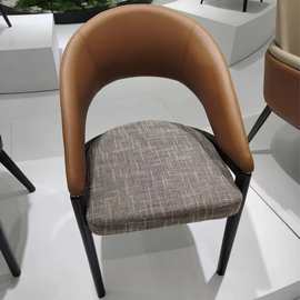 实木布艺餐椅意式极简靠背椅子家用棉麻皮配布结合皮革书椅有