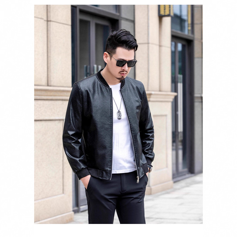 Men's Leather Jacket with Ice-Cracked Crocodile Pattern and Fleece, New Men's Jacket, Fashionable Youth Baseball Jacket