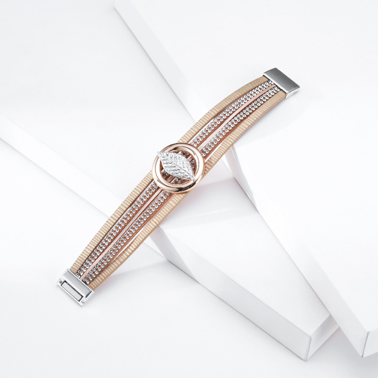 Bohemian Multilayer Hot Rhinestone Leaf Leather Bracelet