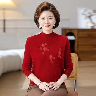 【100%纯羊毛】上衣秋冬针织羊毛衫中老年女装厚款打底衫妈妈毛衣