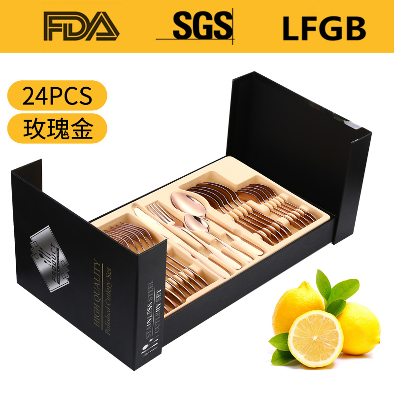 Amazon popular vajilla de acero inoxidable 24 piezas traje 1012 cuatro piezas principales transfronteriza cuchillo de comida occidental, tenedor y cuchara traje de caja de regalo