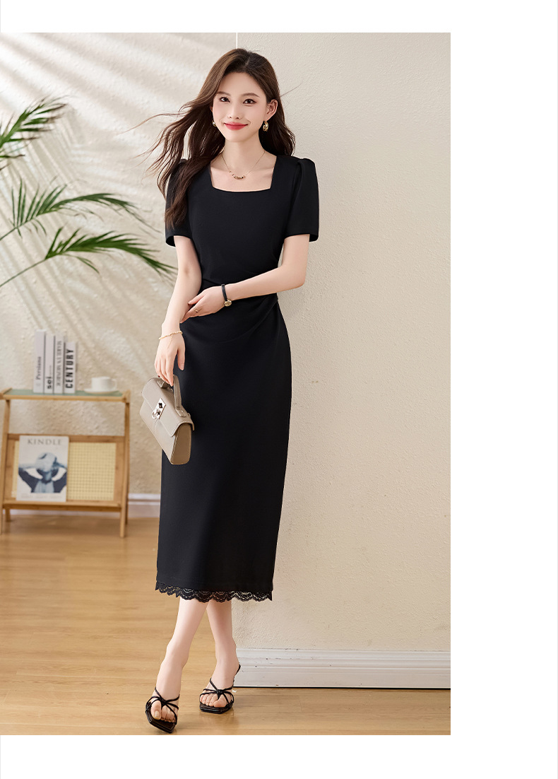 Đầm maxi cổ vuông tay phồng xẻ tà ôm dáng mùa hè 2025 — Màu đen, Màu đỏ chi tiết 13