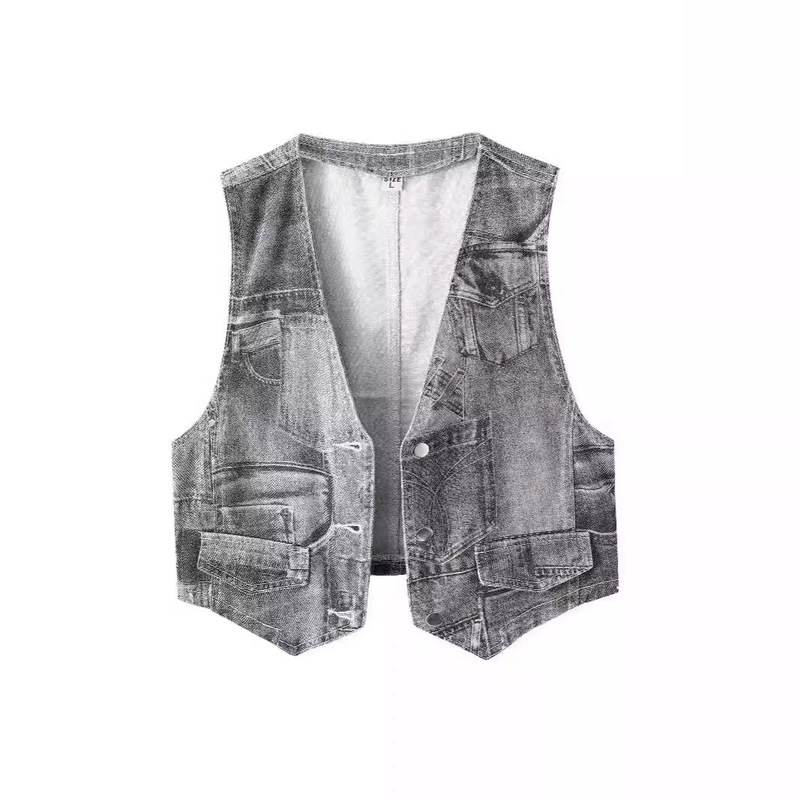Denim Gray Black Retro Printed Jacquard Vest for Women Early Autumn New Hong Kong Style V Neck Personalized Korean Style Distressed Denim