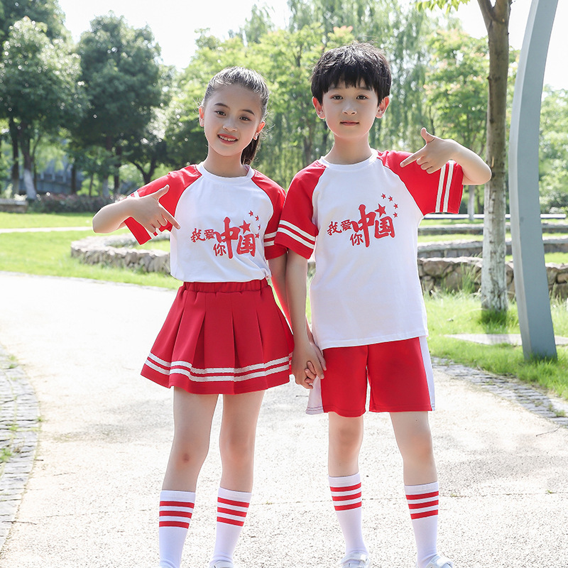 Children's Children's June 1 Performance Clothes Boys and Girls Cheerleading Performance Clothes Patriotic Chorus Red Short-sleeved Suit Summer