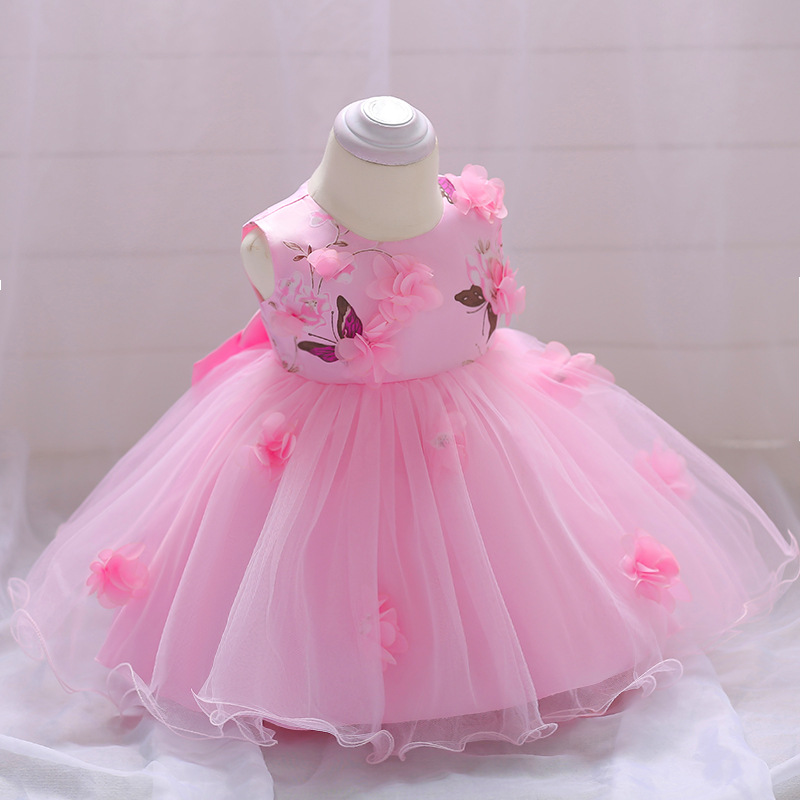 Nuevo vestido de cumpleaños transfronterizo 2026 para bebés y niños pequeños con estampado floral, vestido de flores 3D para niños con diseño de luna llena, vestido de princesa para cumpleaños.