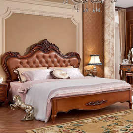 简约实木欧式床双人真皮主卧现代公主床美式乡村婚床带软靠可储物