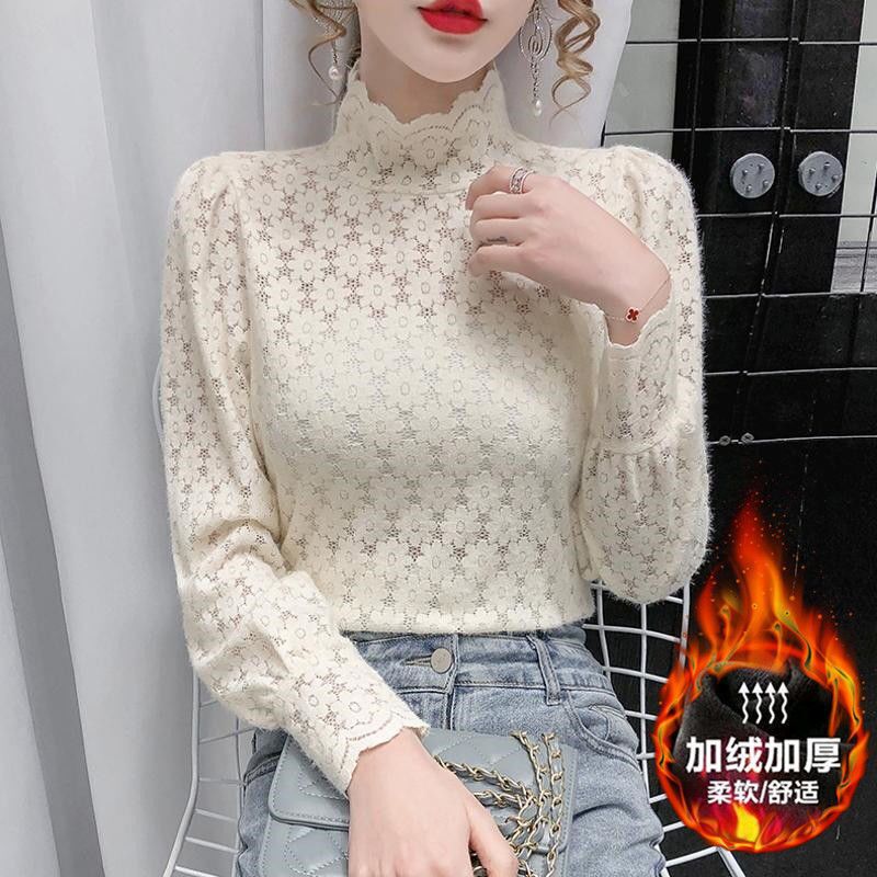 Full body fleece-lined new autumn and winter plus size half turtleneck inner wear brushed lace bottoming shirt Women's warm western style top