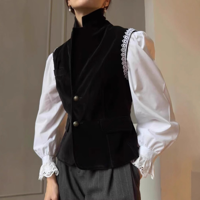 European Style Elegant White Shirt with Black High-Neck Vest, New Fashion Slim-Fit Outfit for Spring and Autumn 2025