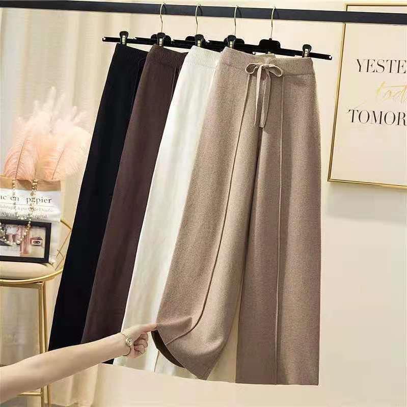 Knitted Wide-Leg Pants for Women, Autumn and Winter, Cropped High-Waisted Straight Loose Wool Pants with Drawstring, Drapey Floor-Length Pants, Off-White