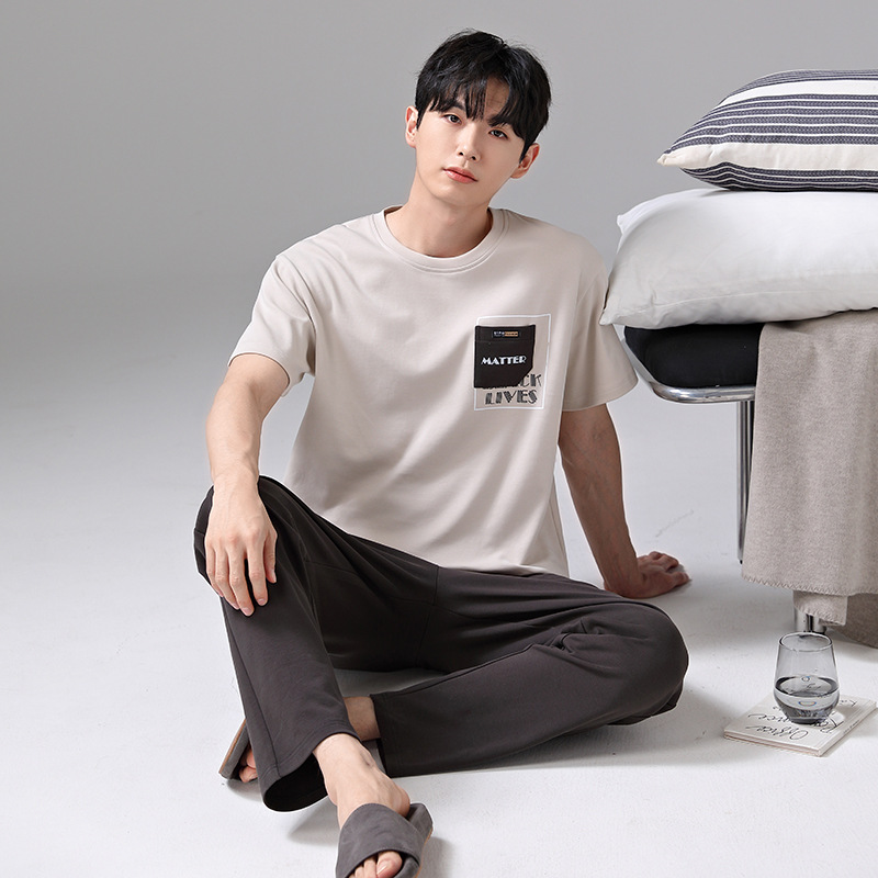 여름 남성 잠옷 순수 코튼 반팔 바지 청소년 라운드 넥 풀오버 여름 스타일 코튼 루즈 대형 홈웨어