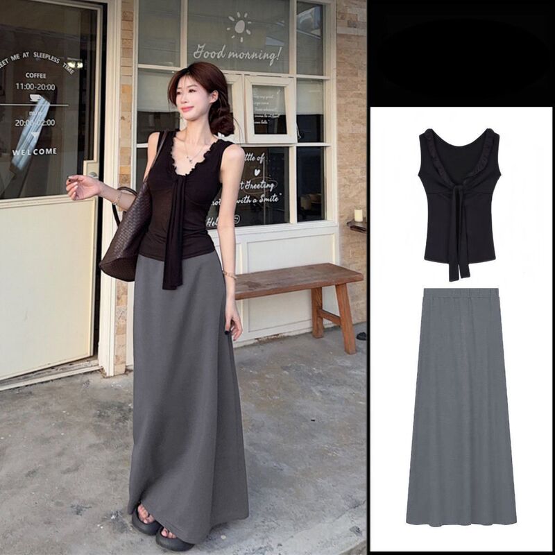 Hot Girl Outfit with Stylish Design, Black Strappy Tank Top for Women, Summer Drapey Gray Bodycon Skirt, Fashionable Two-Piece Set