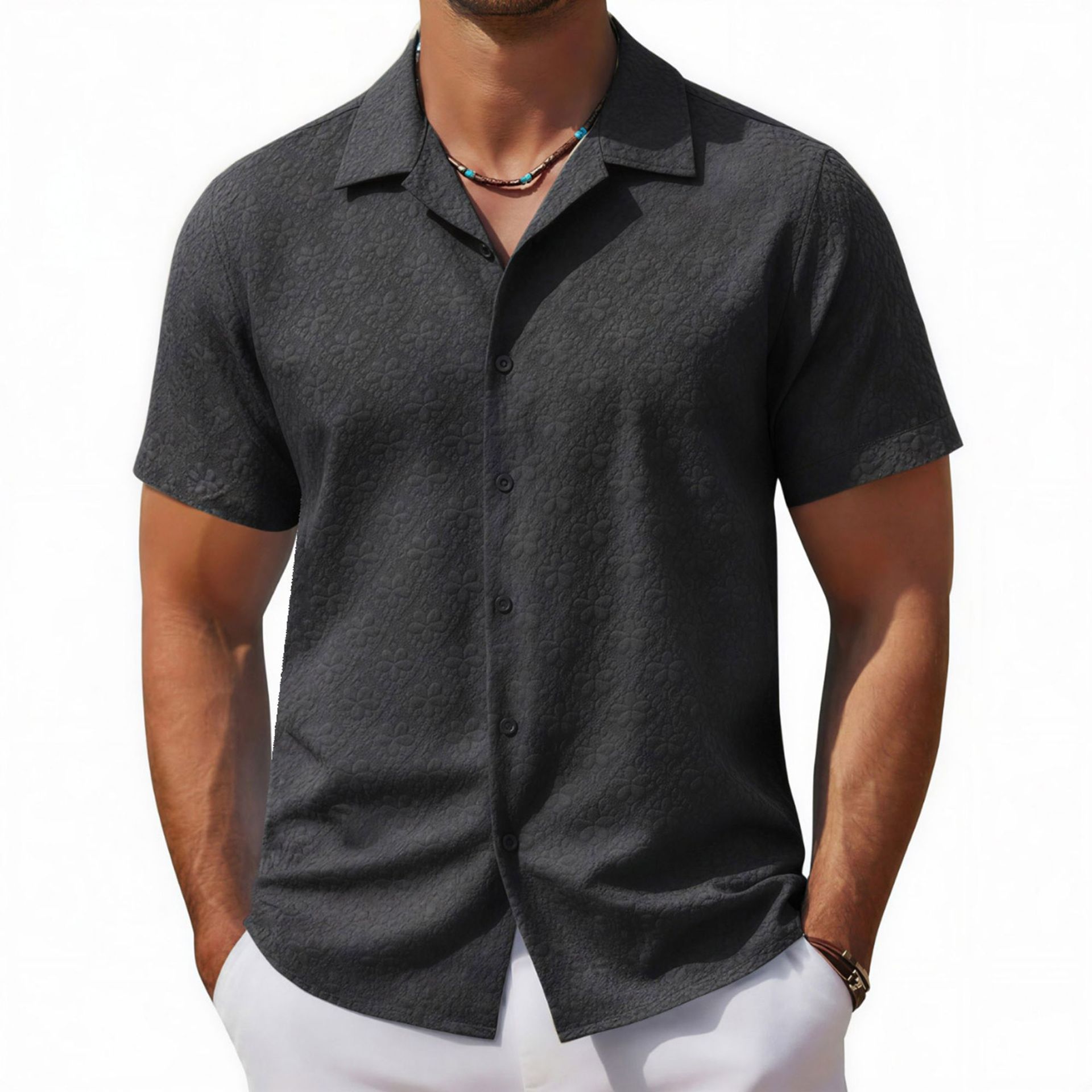 Transfronterizos de ropa de hombre retro americano jacquard camisa de manga corta cuello cubano al aire libre ropa casual para hombres stock A0301