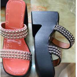 ins夏季新款跨境外穿潮流一字拖厚底松糕半托凉拖鞋水钻女拖鞋