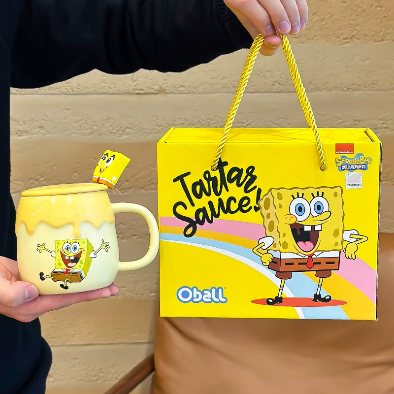 Керамическая чашка SpongeBob с крышкой, ложкой, домашняя детская кружка для воды милые девочки молочная чашка кофе