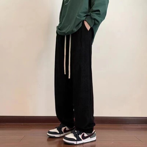 Men's Fall/Winter Corduroy Casual Pants Korean Style Loose Straight Leg Versatile Long Pants Hong Kong Style Sheer Elastic Waist Pants