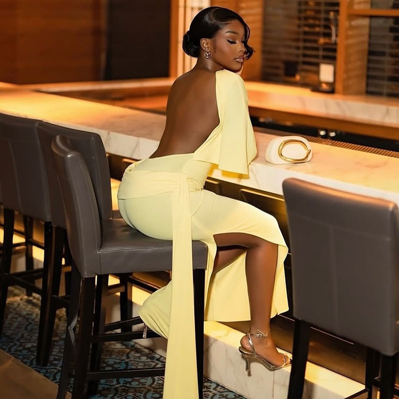 European and American Style Foreign Trade Women's Backless Sexy Pleated Loose Bodycon Dress with Off-Shoulder Strap and Slit Long Dress Trendy