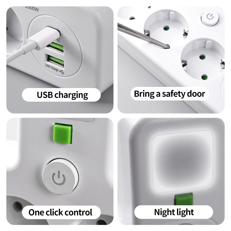 Transfronterizos de estilo europeo estándar europeo con cable flexible con enchufe 1 a 3 a 4 a 5 conector multi-jack adaptador USB