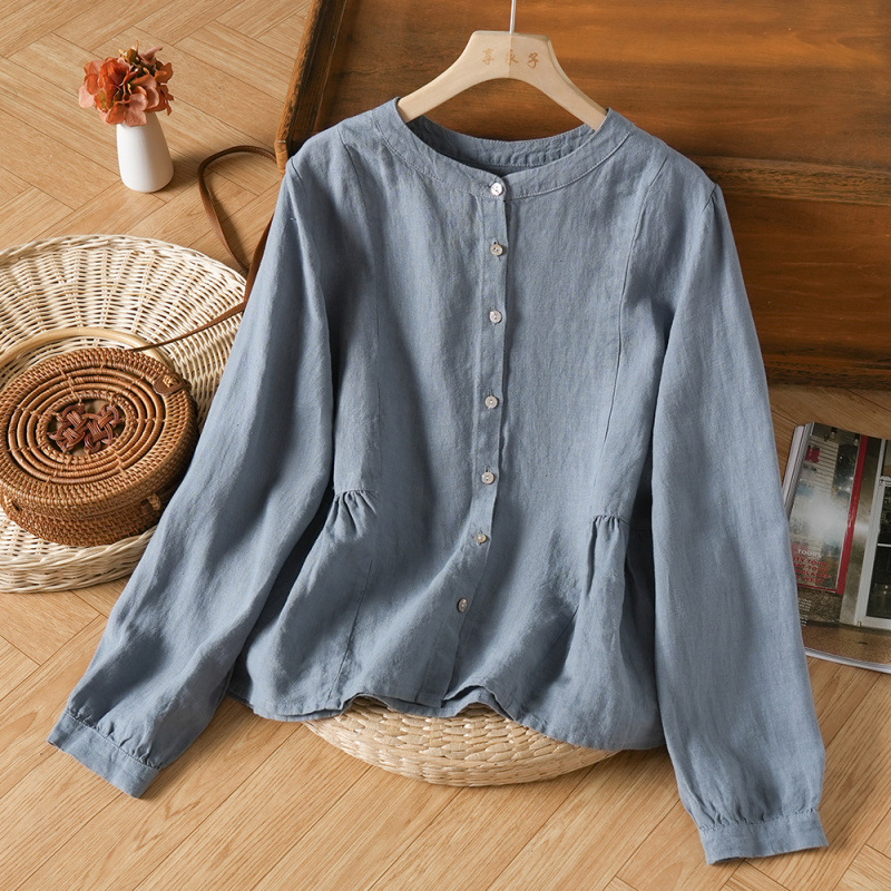 Cotton and Linen Long-Sleeved Shirt for Women 2025 Spring & Fall New Design Pleated Shirt Slim Casual Versatile Round Neck Top Cotton and Linen Long-Sleeved Shirt for Women 2025 Spring & Fall New Design Pleated Shirt Slim Casual Versatile Round Neck Top