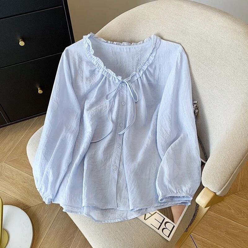Lace-Up Ruffled V-Neck Sun Protection Shirt~ Summer Lightweight Ice Silk Outerwear Shirt Jacket Sun Protection Shirt for Women Lace-Up Ruffled V-Neck Sun Protection Shirt~ Summer Lightweight Ice Silk Outerwear Shirt Jacket Sun Protection Shirt for Women