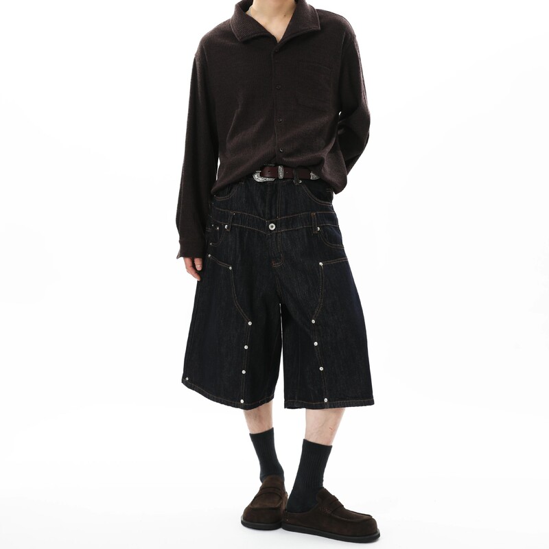 American Retro Niche Deconstructed Studded Washed Patchwork Denim Shorts Unisex Loose Trendy Casual Cropped Pants American Retro Niche Deconstructed Studded Washed Patchwork Denim Shorts Unisex Loose Trendy Casual Cropped Pants