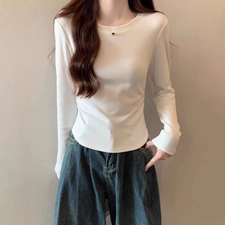 40支1*1螺纹棉美式正肩长袖打底衫上衣女春秋季新款百搭修身内搭