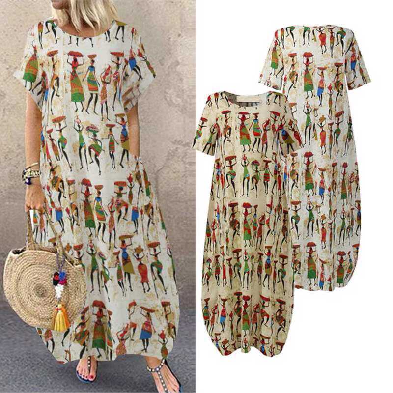 2024 New Summer European and American Clothing Loose Cocoon-Shaped Long Skirt Ethnic Style Printed Large Size Floral Short-Sleeved Dress
