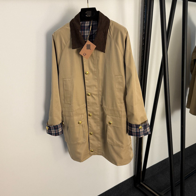 2025 New Style Back Logo Embroidered Letters Work Style Corduroy Lapel Long-Sleeved Windbreaker Jacket Plaid Lining