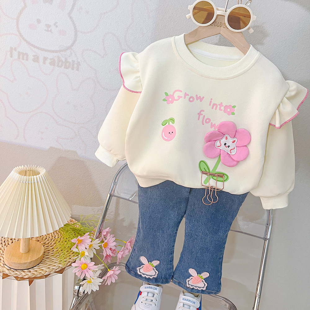 여자 가을 청바지 세트 2024 새로운 세련된 유행 긴 소매 땀 가을 어린이 투피스 세트