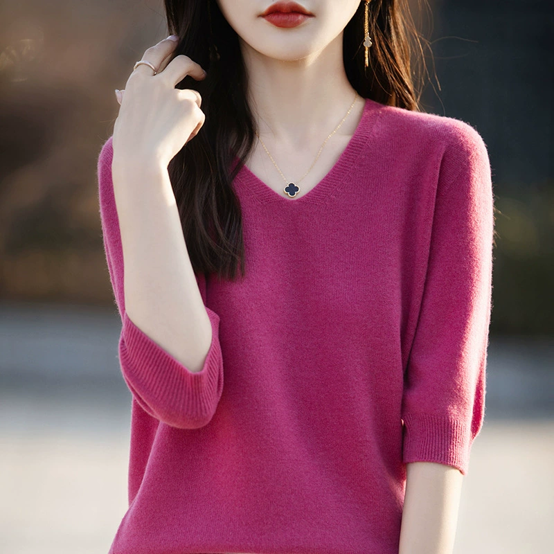 Трансграничная оптовая весенняя и летняя новая линия одежды с V-образным вырезом с короткими рукавами вязаный свитер