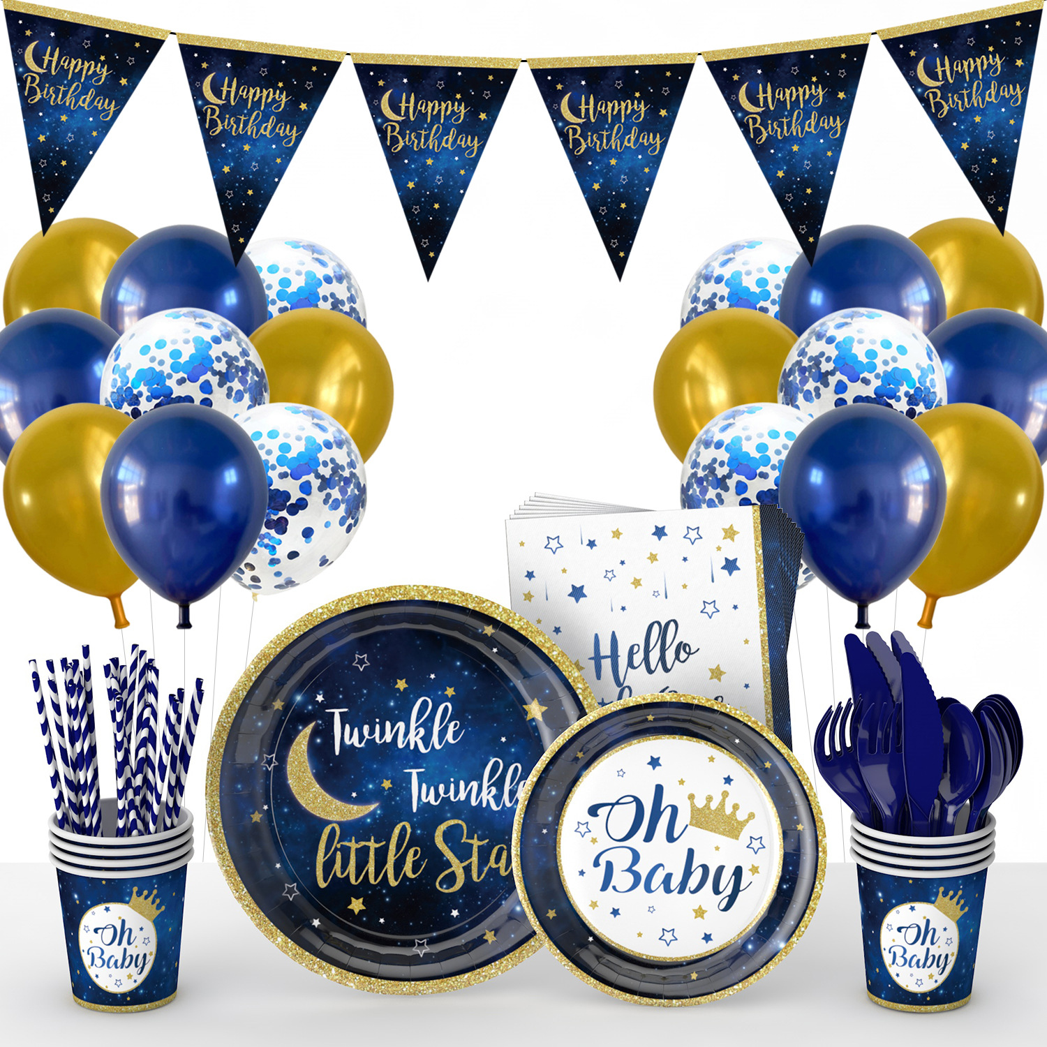 Nuevo brillante pequeña estrella tema bandeja de papel desechable taza de papel tire bandera traje niño fiesta de cumpleaños decoración