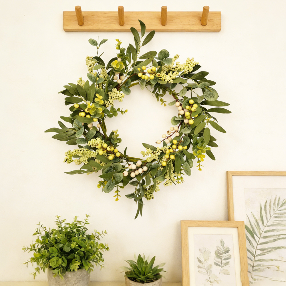 Simulación verde bayas de eucalyptus corona de primavera decoración del hogar mesa de comedor puertas colgantes hojas verdes artificiales de eucalipto