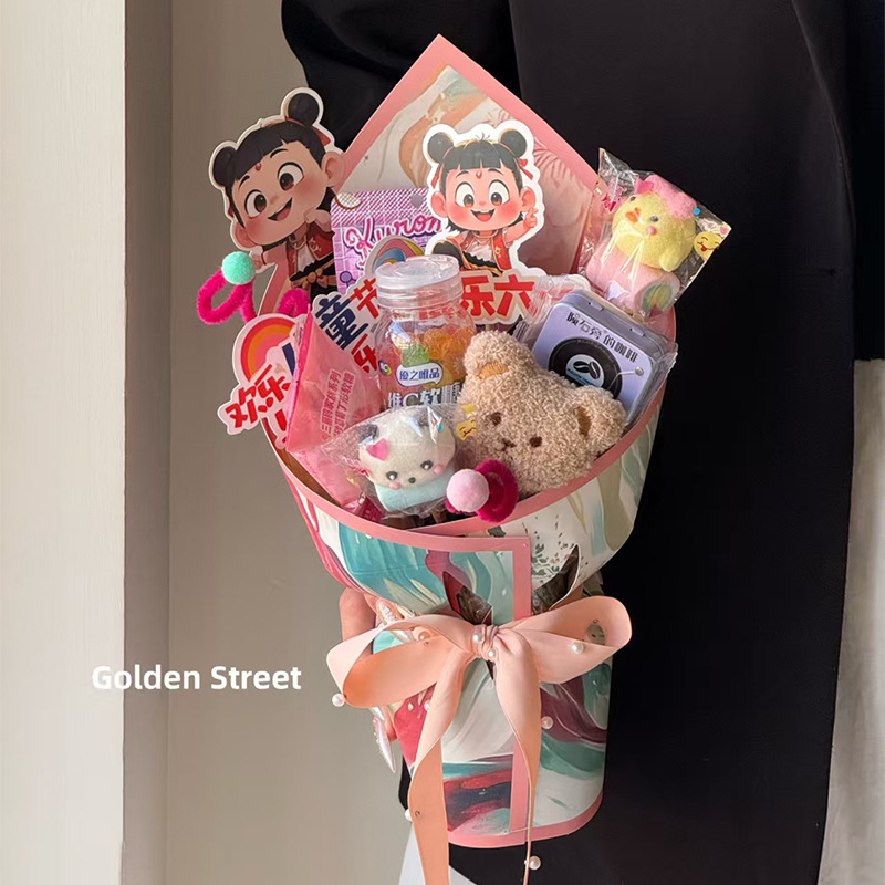 Snacks de celebridades de Internet, ramos de flores, película estereotipada, Día del niño, paquete de película de modelado integrado de dibujos animados de Nezha, artefacto de flores al por mayor