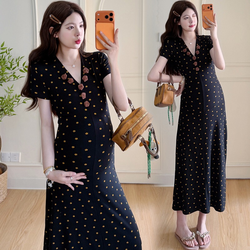 Gorgeous Summer Dress for Women, French-Style Elegant V-Neck Slim-Fit Short-Sleeve Bodycon Dress, Maternity Long Dress Gorgeous Summer Dress for Women, French-Style Elegant V-Neck Slim-Fit Short-Sleeve Bodycon Dress, Maternity Long Dress