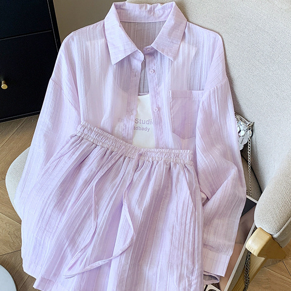 胖mm特大码300斤夏季新款套装防晒衬衫外套女上衣阔腿短裤两件套|undefined