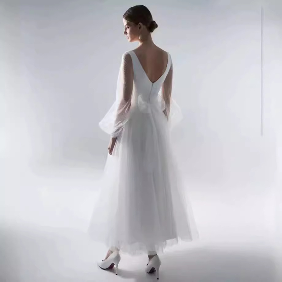 Comercio exterior europeo y americano Amazon AliExpress deseo nuevo profundo V burbuja malla manga larga MIDI vestido de novia