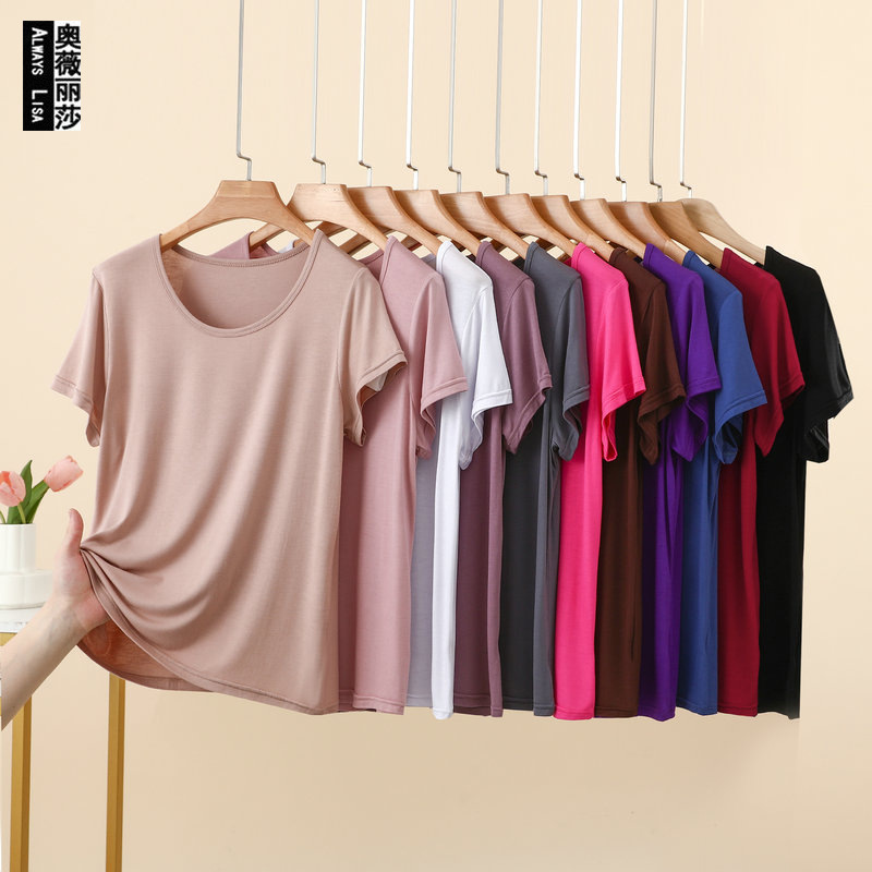Modal Solid Color Round Neck Base Shirt, Summer Thin Loose Fit, Plus Size Casual Short Sleeve Oversized Simple Top Modal Solid Color Round Neck Base Shirt, Summer Thin Loose Fit, Plus Size Casual Short Sleeve Oversized Simple Top