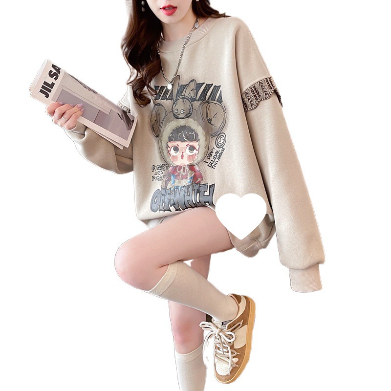 느슨한 틈새 디자인 센스 스웨트 셔츠 여성의 봄과 가을 2024 폭발 나이 감소 슬리밍 플러스 사이즈 통통녀 얇은 둥근 목 탑