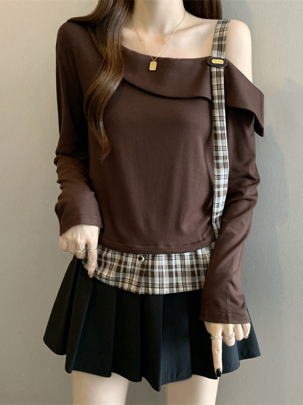 Maillard Ruffled Off-Shoulder Long-Sleeved Shirt for Women Early Autumn New Large Size Fat Fake Two-Piece Top