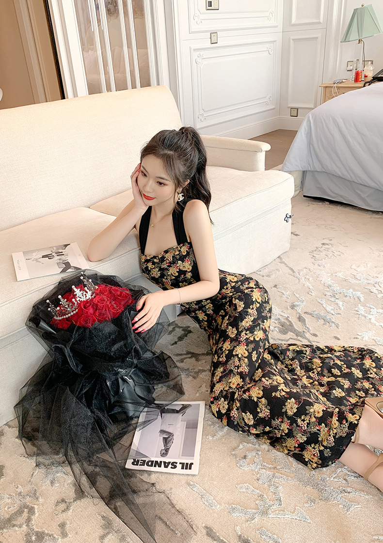 Váy maxi dây hở lưng họa tiết hoa cổ điển Pháp thắt eo tôn dáng — Màu hoa chi tiết 11