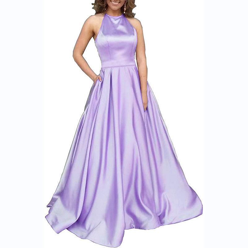 Evening dress banquet long women's fashion A- line Halter satin formal plus size dress with pockets dress